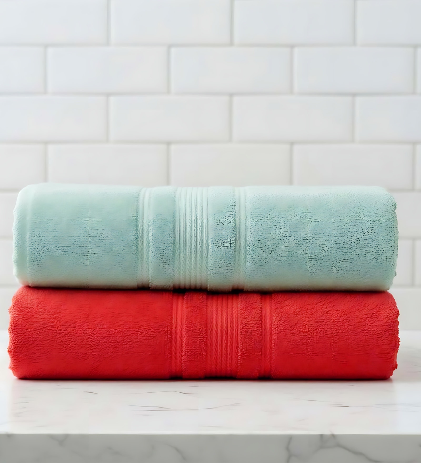 Water Green & Red Soft Cotton 500 GSM Solid Bath Towel Pack Of 2