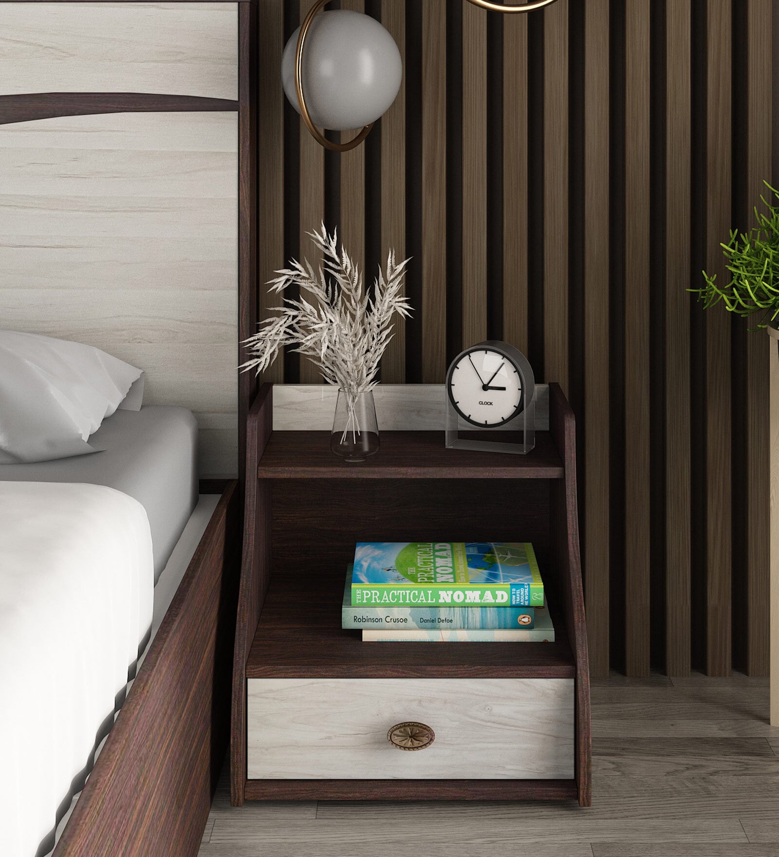 Wave Bedside Table In Light Oak & Choco Walnut Finish With Drawer