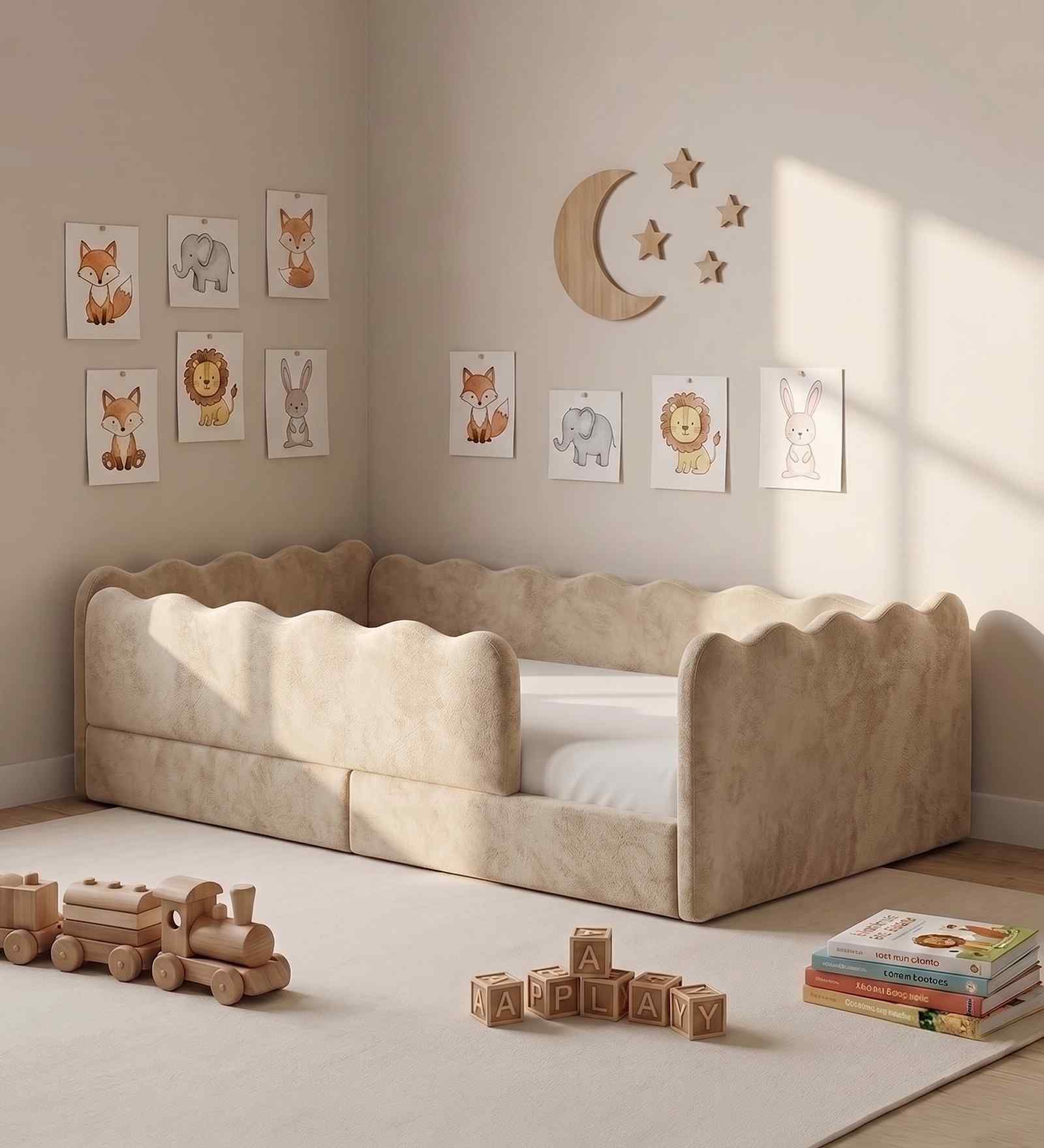Wave Design Kids Twin Bed in Ivory Colour