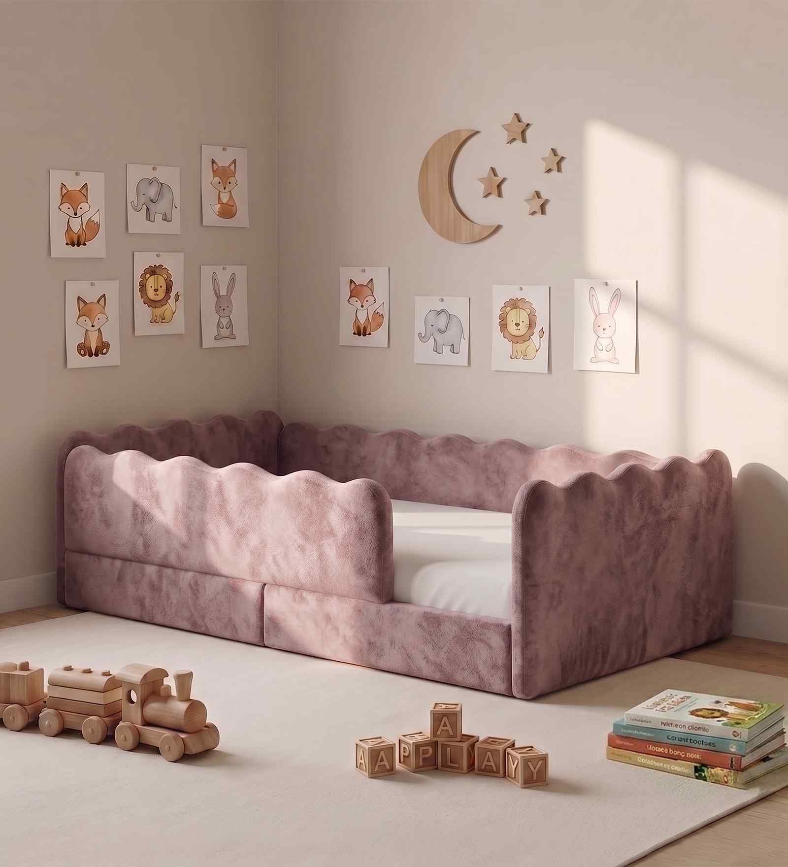 Wave Design Kids Twin Bed In Pink Colour