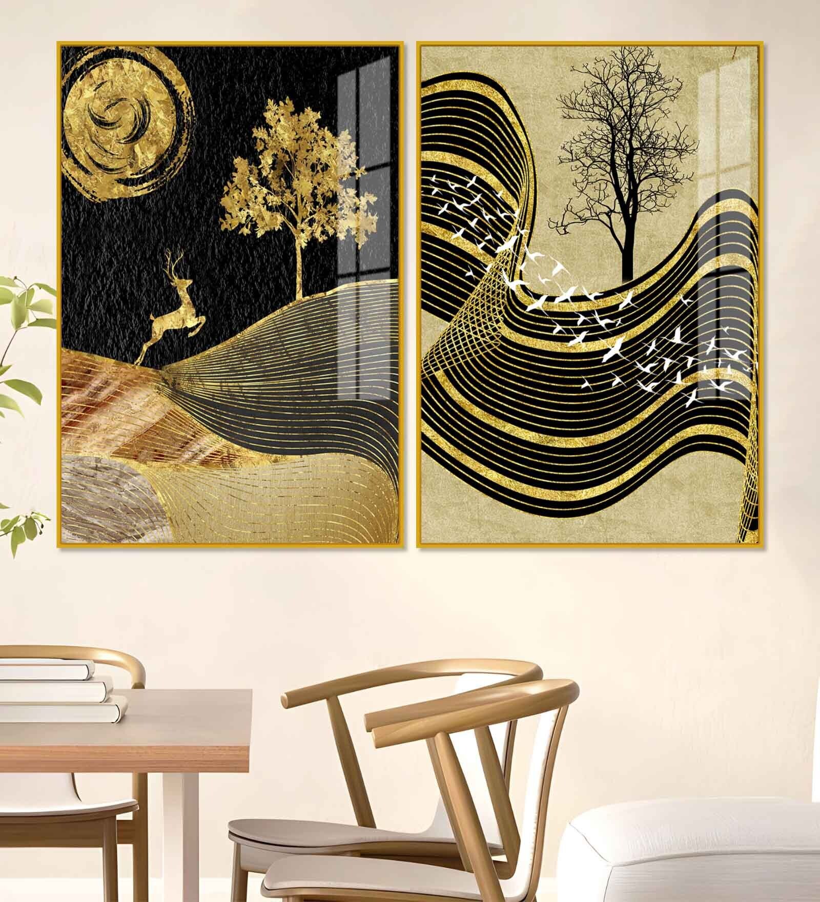 Wavy Golden Lines Mountains Acrylic Framed Art Panel (Set Of 2)