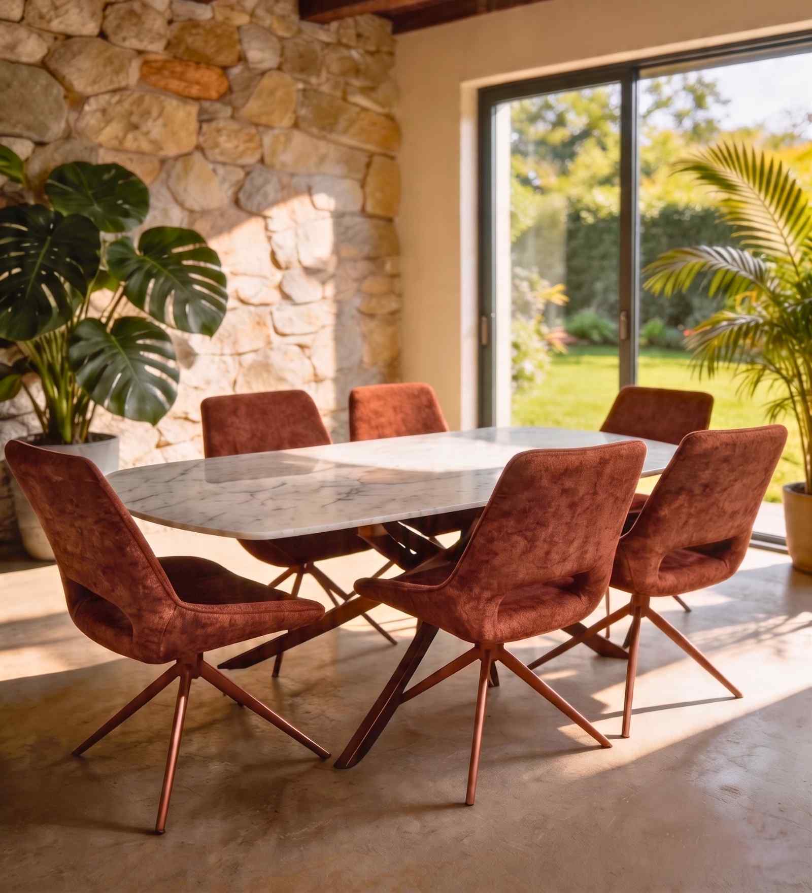 Wavynox 6 Seater Dining Set With Sintered Stone Rose Gold Natural Marble Finish