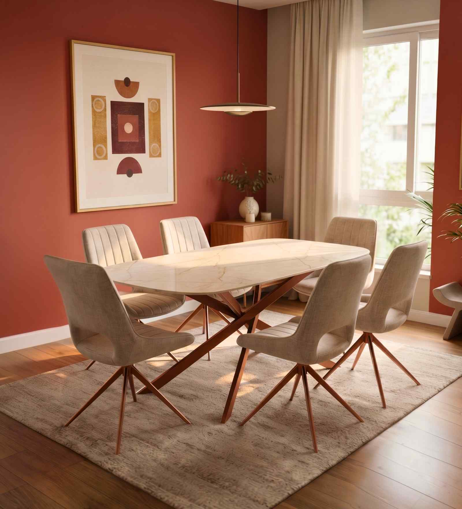 Wavynox 6 Seater Dining Table In Marble Finish With Grey Metal Base