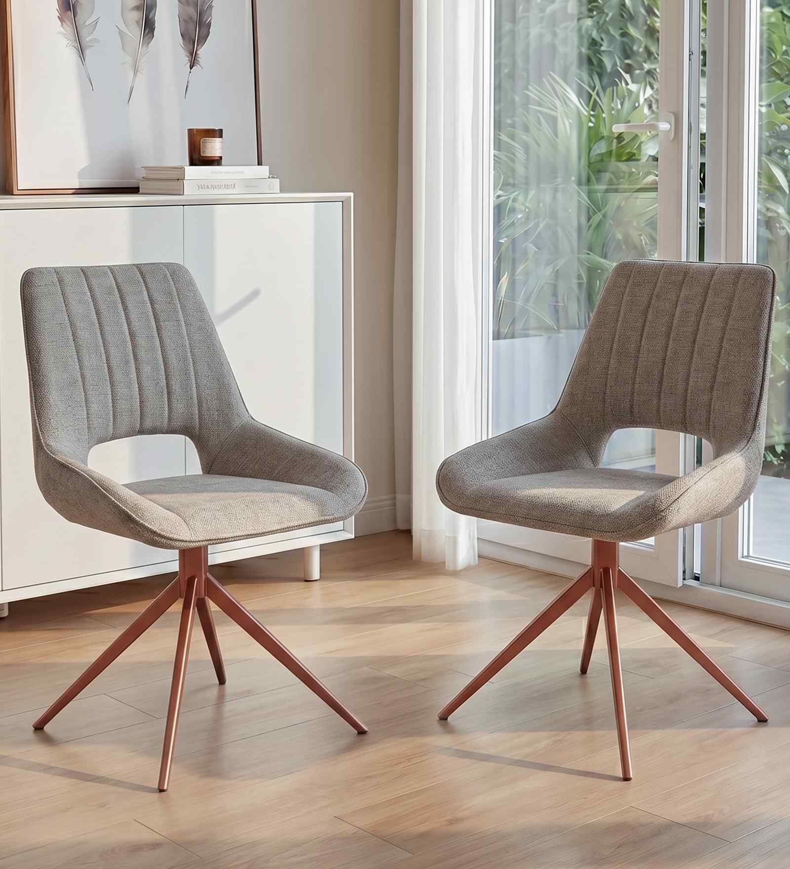 Wavynox Modern Dining Chairs In Beige Fabric With Rosegold Finish (Set Of 2)