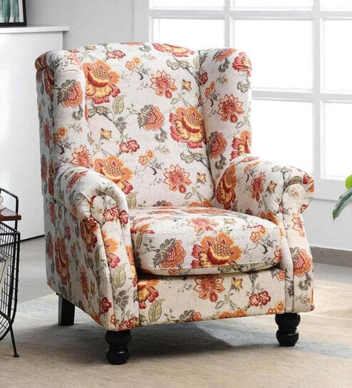 Wales Fabric Wing Chair In Floral Red Colour