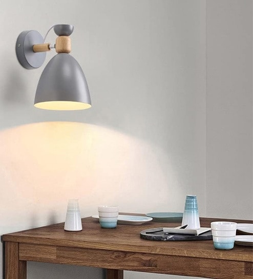 Wall Light/Swing Arm, (Grey Metal Wooden Wall Light)