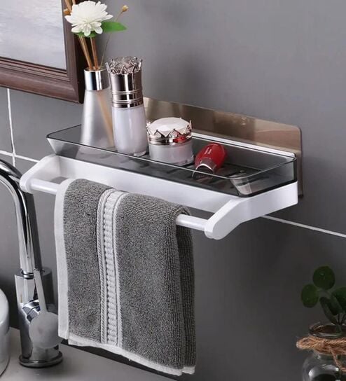 Wall Mounted Bathroom Storage Shelf With Towel Hanging Bar
