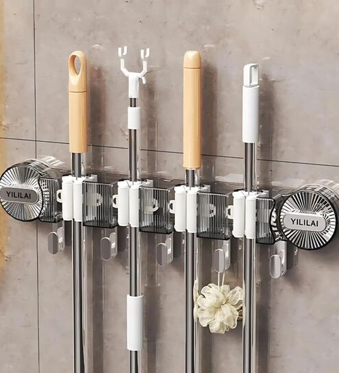 Wall-Mounted Mop & Broom Organizer Suction Cup Cleaning Rack With Hooks