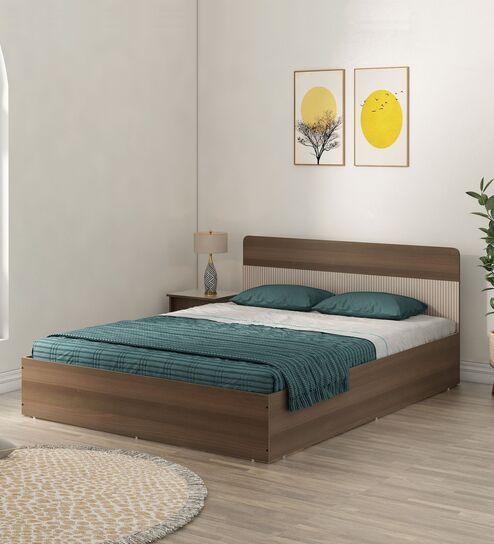 Walnico Queen Size Bed With Box Storage In Melamine Finish