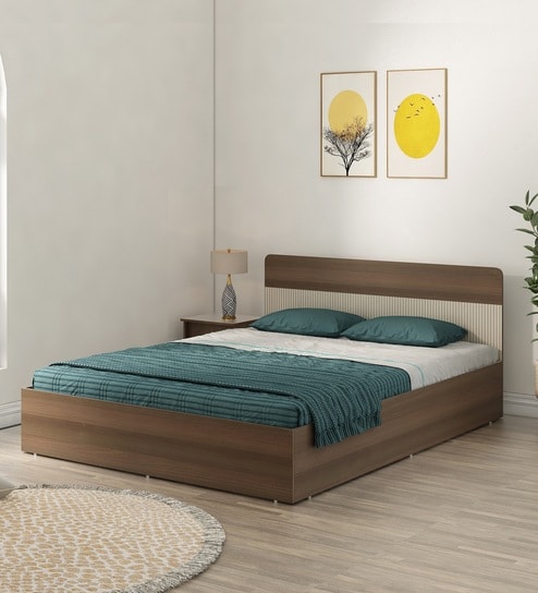 Walnico Queen Size Bed With Box Storage In Melamine Finish