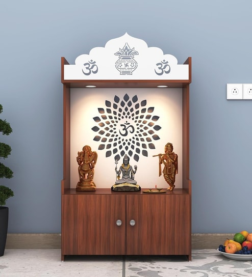 Walnut Finish Wooden Floor Pooja Mandir with Kalash & Om Design Lotus Pattern Back Panel & Cabinet
