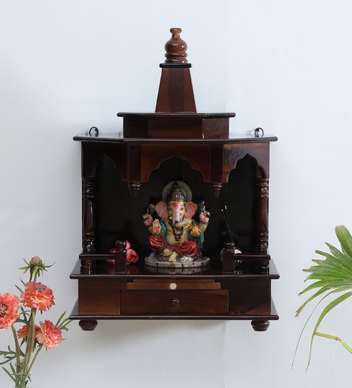Walnut Sheehsam Wood Wall Mounted Mandir Without Door