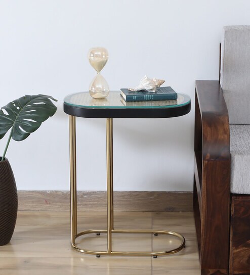 Wanita Metal End Table In Black And Gold Finish With Glass Top