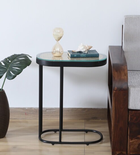 Wanita Metal End Table In Black Colour With Glass Top