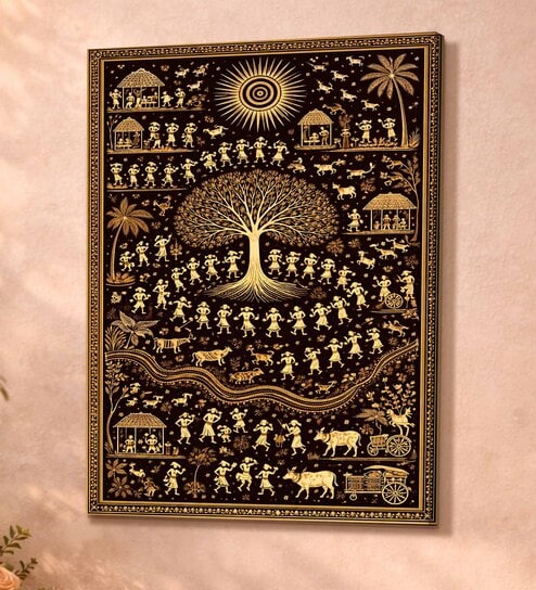 Warli Village Dance Stretched Canvas Painting