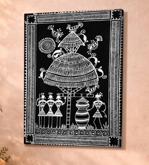 Warli Village Life Stretched Canvas Painting