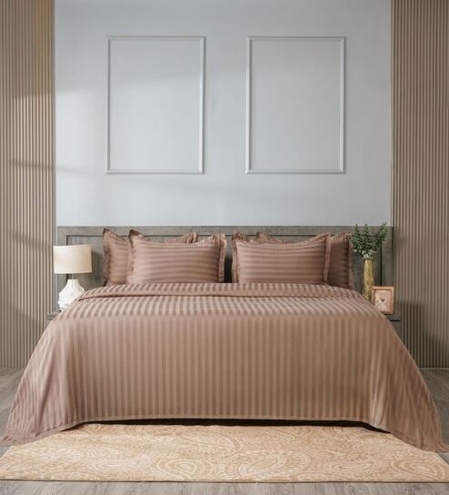Brown 300TC 100% Cotton Stripe Flat Super King Bedsheet with 2 Pillow Covers