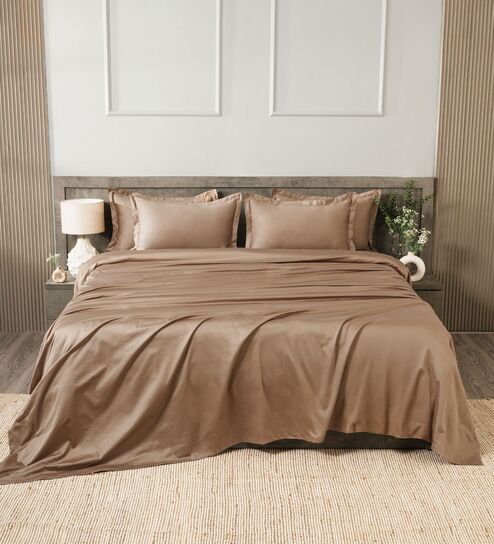 Brown 400TC 100% Cotton Solid Flat Super King Bedsheet With 2 Pillow Covers