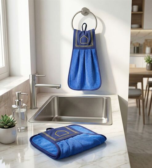Set Of 2 Blue 300 GSM Cotton Kitchen Hand Towels