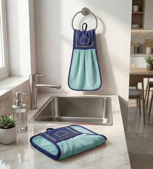 Set Of 2 Sea Blue 300 GSM Cotton Kitchen Hand Towels