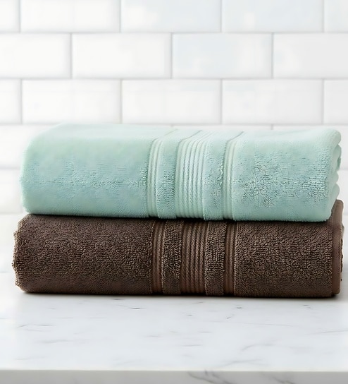 Water Green & Brown Soft Cotton 500 GSM Solid Bath Towel Pack Of 2