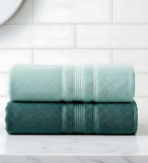 Water Green & Dark Green Soft Cotton 500 GSM Solid Bath Towel Pack Of 2