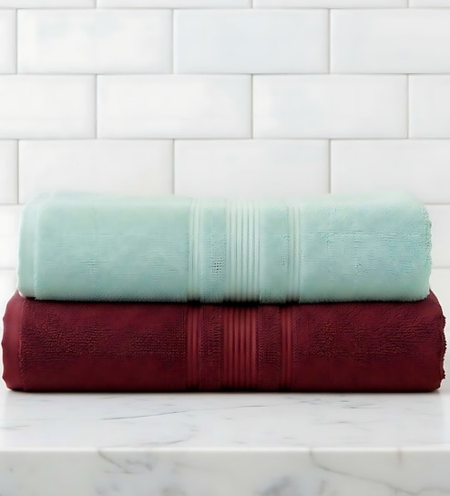 Water Green & Maroon Soft Cotton 500 GSM Solid Bath Towel Pack Of 2