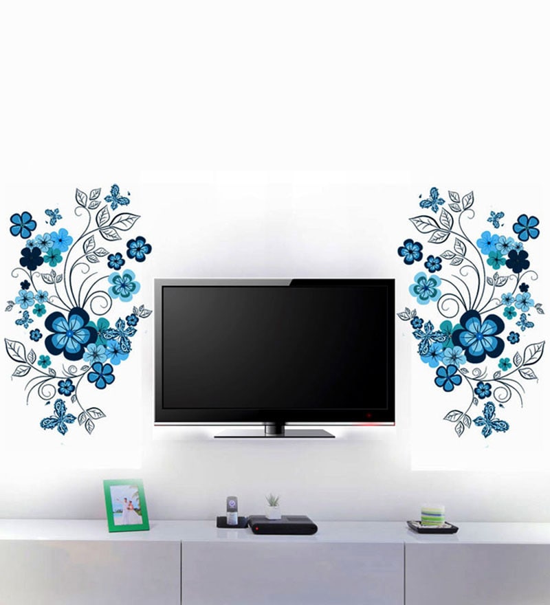 Buy PVC Vinyl Blue Flowers Tv Background Wall Sticker by WallTola Online -  Floral Wall Stickers - Wall Art - Home Decor - Pepperfry Product