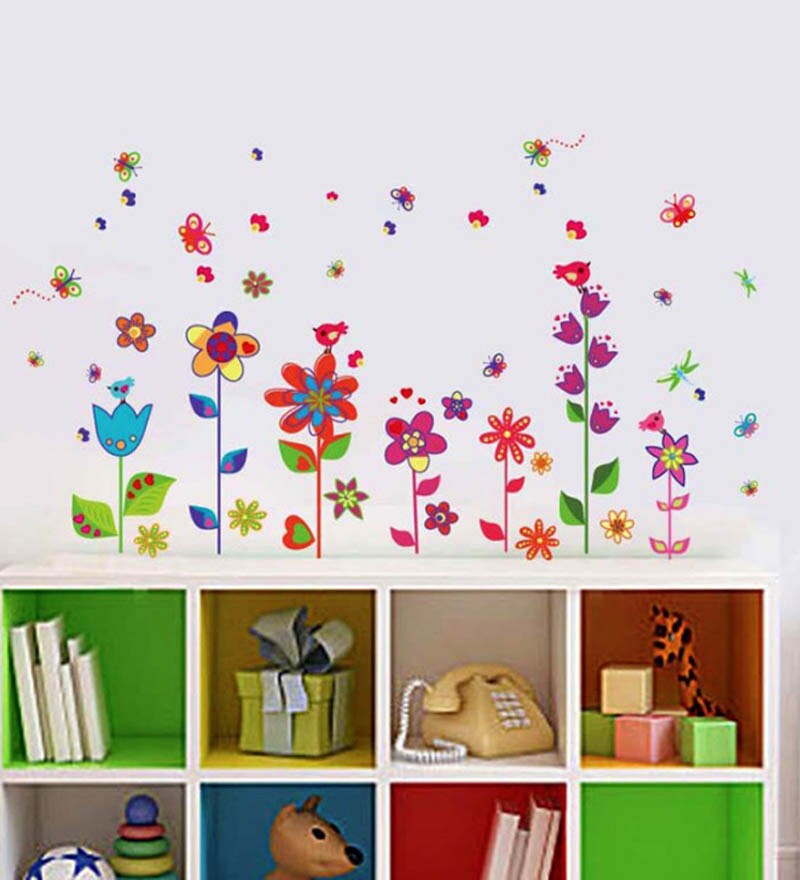 Buy PVC Vinyl Border Design Colorful Fun Flowers Wall Sticker by