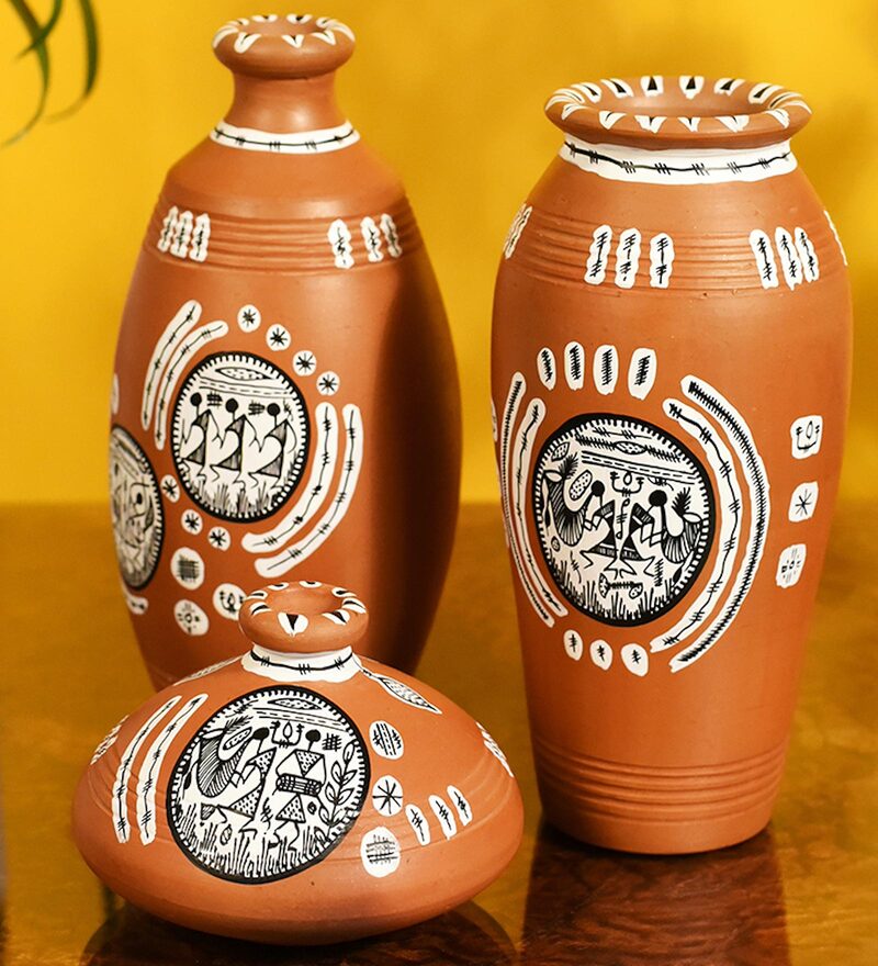 Buy Warli Earthen (Set of 3) Brown Terracotta Table Vase Online