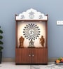 Walnut Finish Wooden Floor Pooja Mandir with Kalash & Om Design Lotus Pattern Back Panel & Cabinet