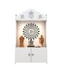 Walnut Finish Wooden Floor Pooja Mandir with Kalash & Om Design Lotus Pattern Back Panel & Cabinet