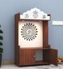 Walnut Finish Wooden Floor Pooja Mandir with Kalash & Om Design Lotus Pattern Back Panel & Cabinet