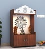 Walnut Finish Wooden Floor Pooja Mandir with Kalash & Om Design Lotus Pattern Back Panel & Cabinet