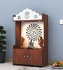 Walnut Finish Wooden Floor Pooja Mandir with Kalash & Om Design Lotus Pattern Back Panel & Cabinet