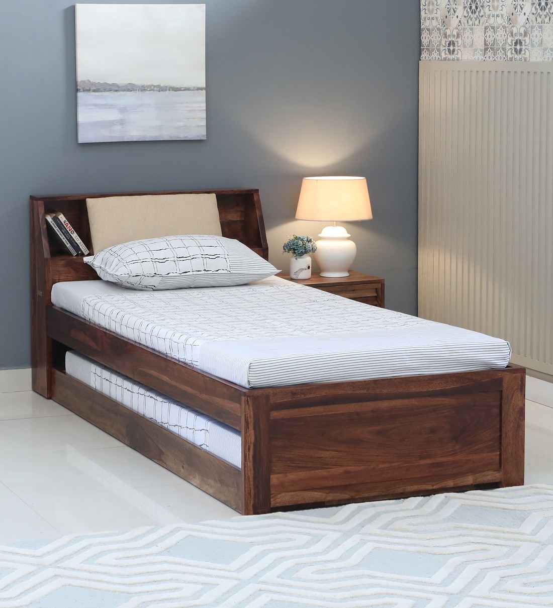 Buy Wedohl Sheehsham Wood Single Bed With Trundle In Rustic Teak Finish 