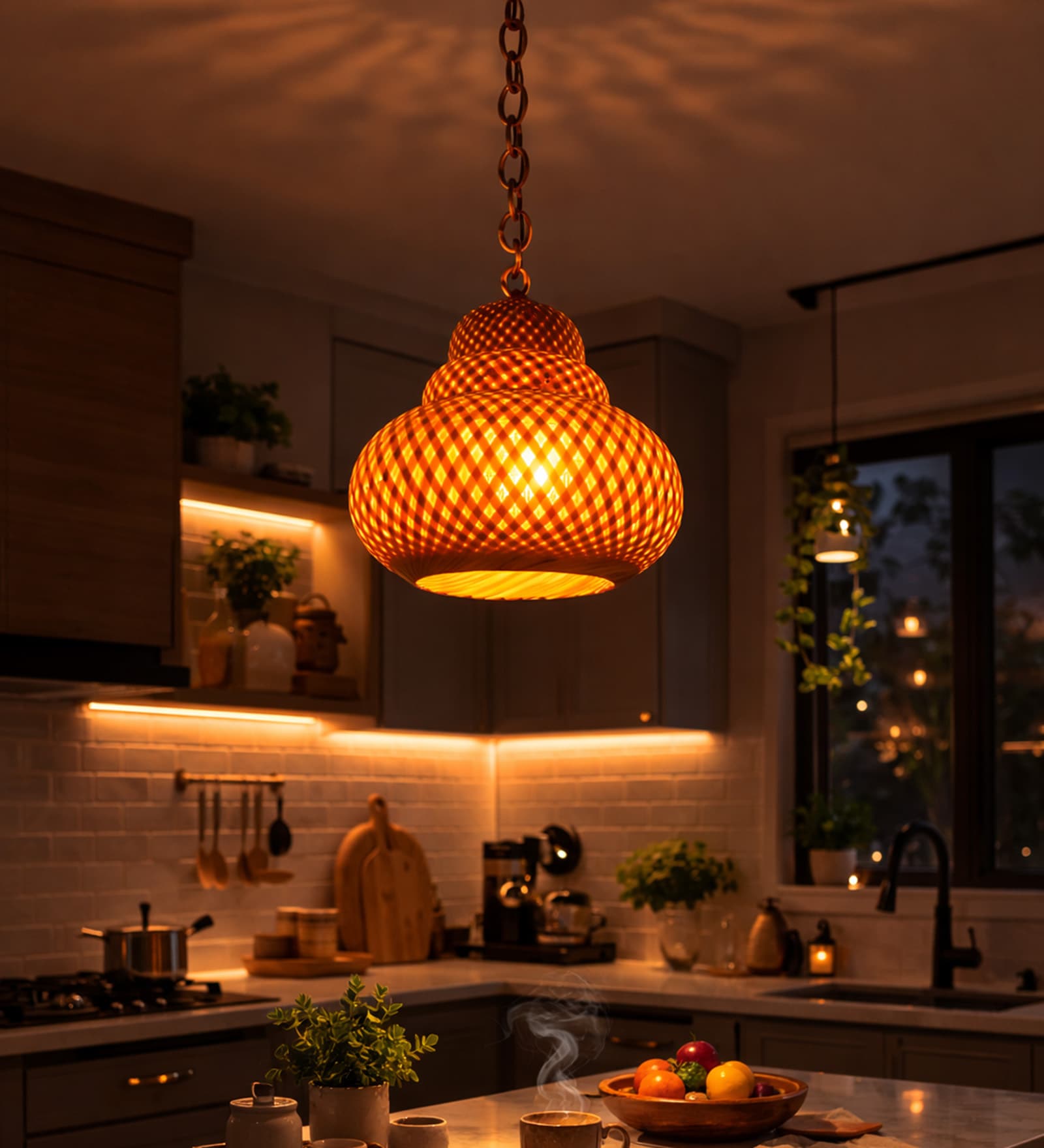 Handcrafted Bamboo Pendant Lamp   Bulbous Tiered Glass Shade