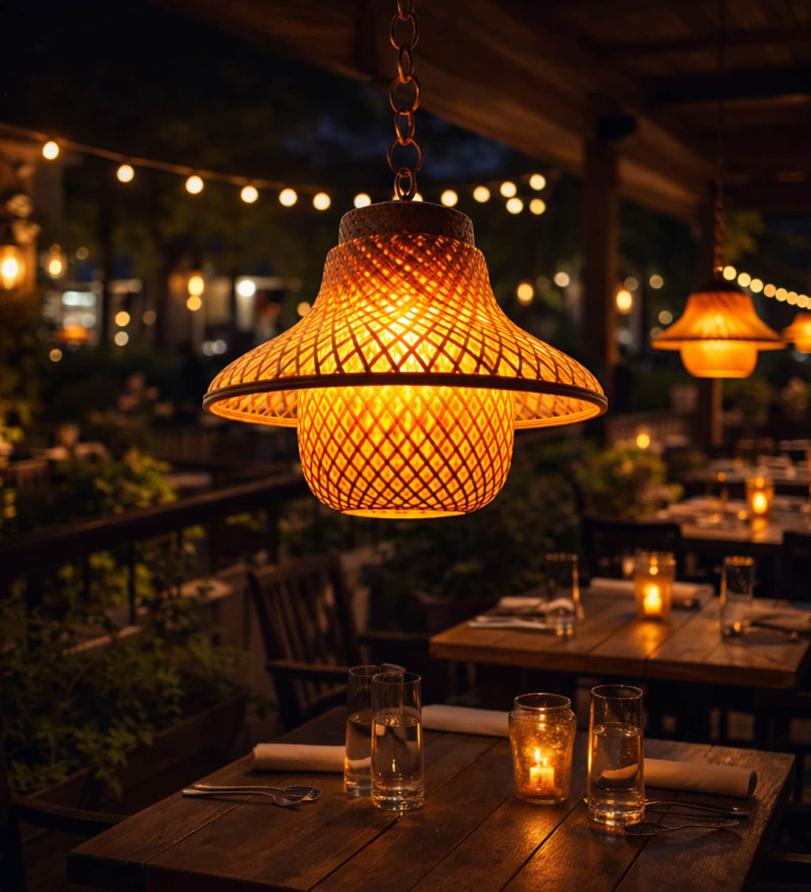 Handcrafted Bamboo Pendant Lamp   Amber Glass Shade