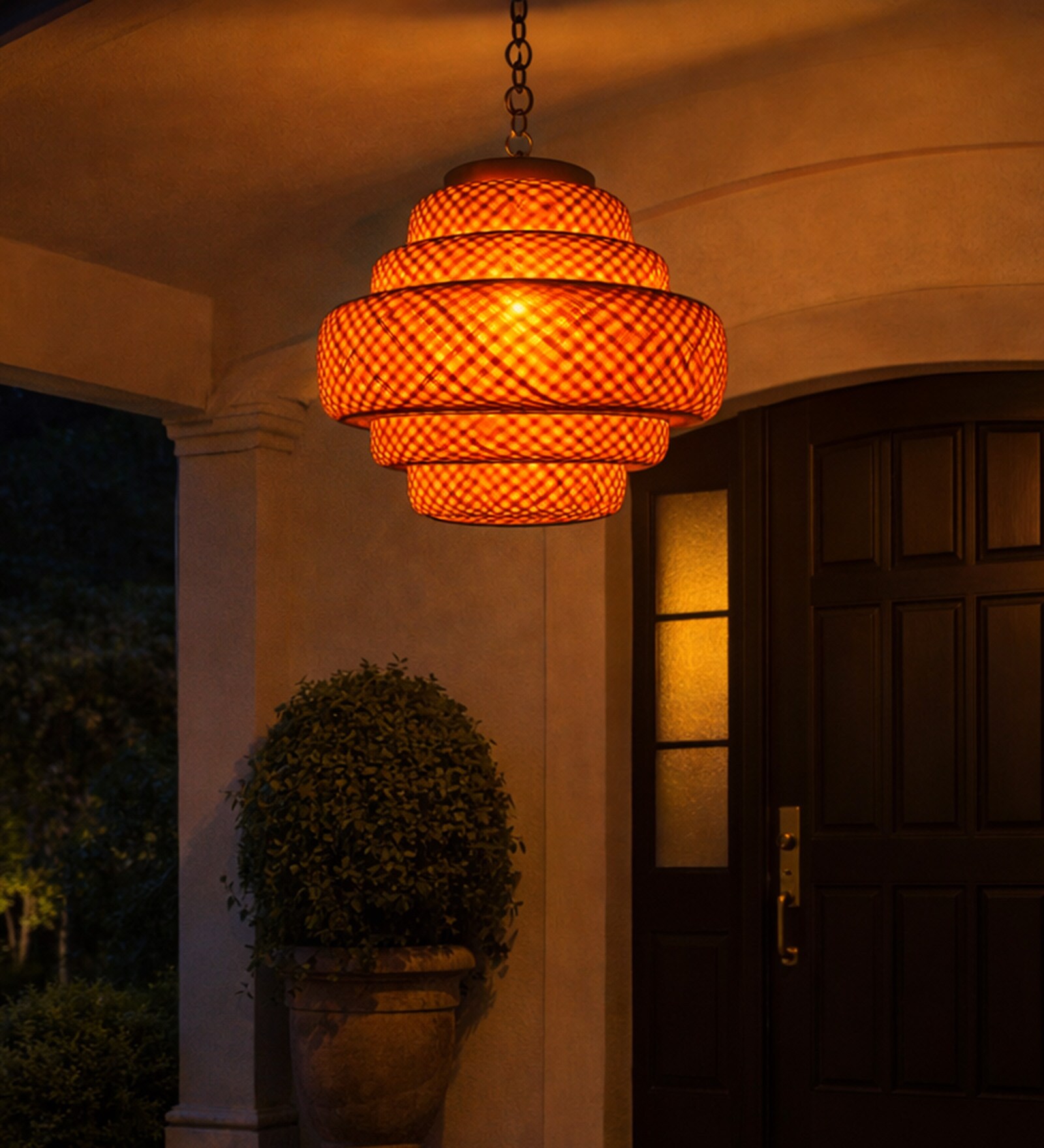 Handcrafted Bamboo Pendant Lamp   Tiered Checkered Five Step Design