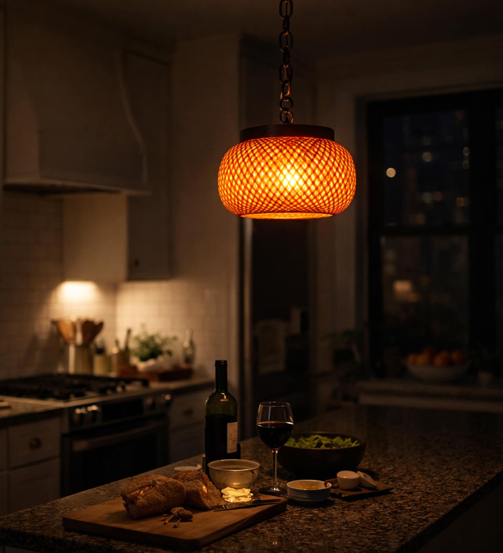 Handcrafted Bamboo Pendant Lamp   Orange Lattice Glass Shade