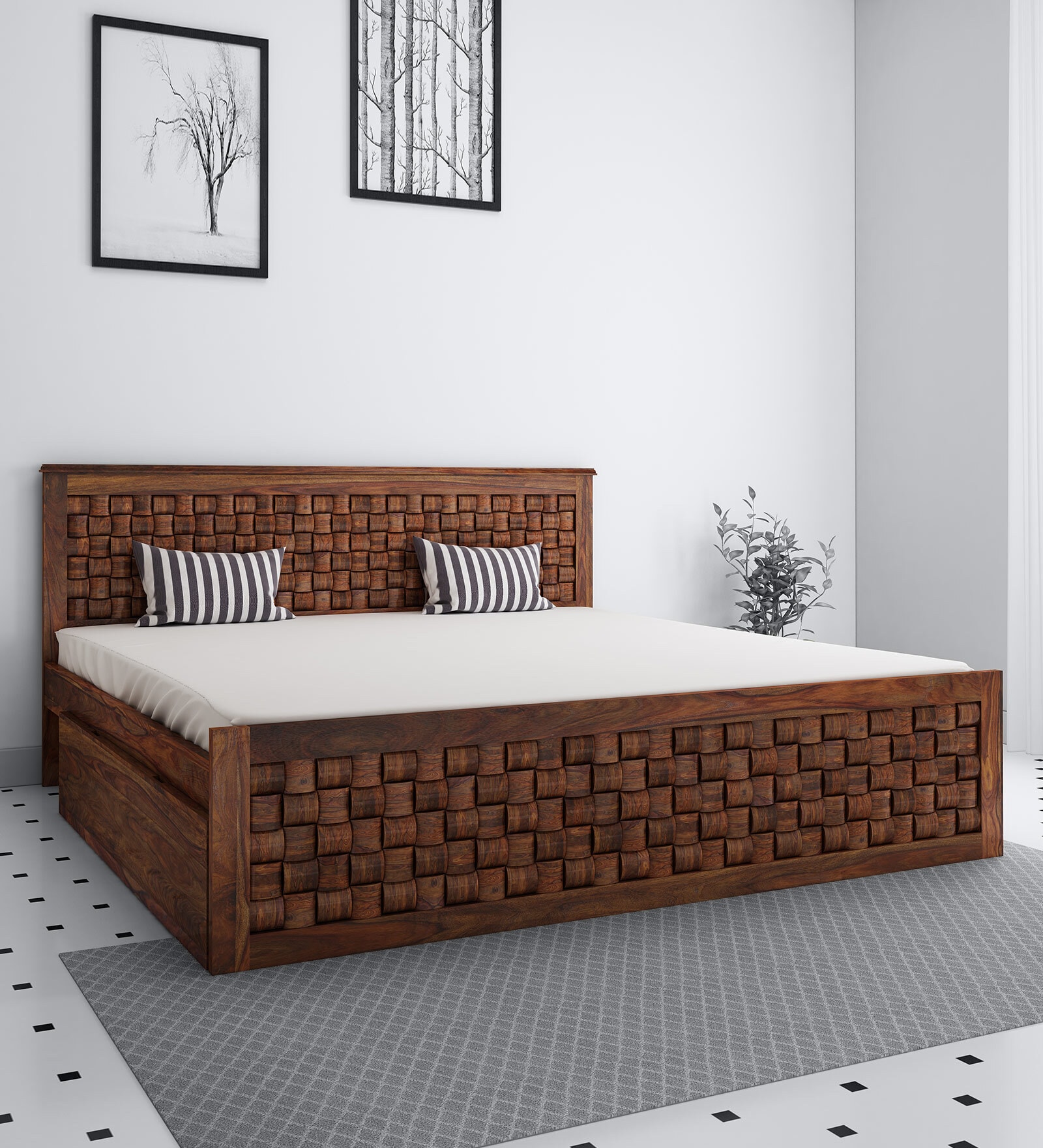 Weave Sheesham Wood Queen Size Bed in Brown Finish with Drawer Storage