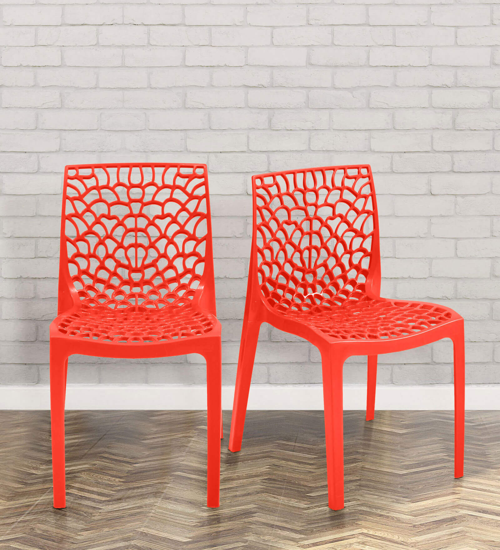 Web Set of 2 Plastic Cafeteria Chairs in Red Colour