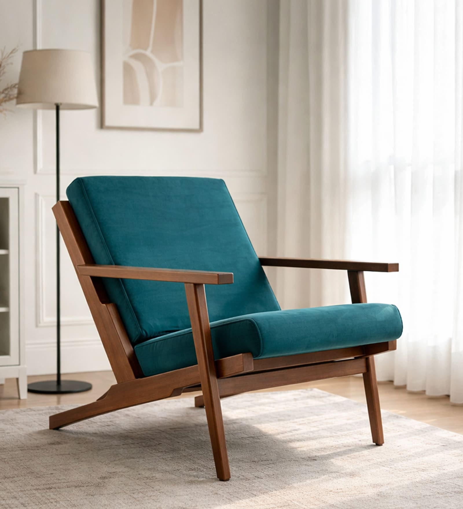 Wegner Fabric Armchair in Exotic Teak & Blue Oasis Colour