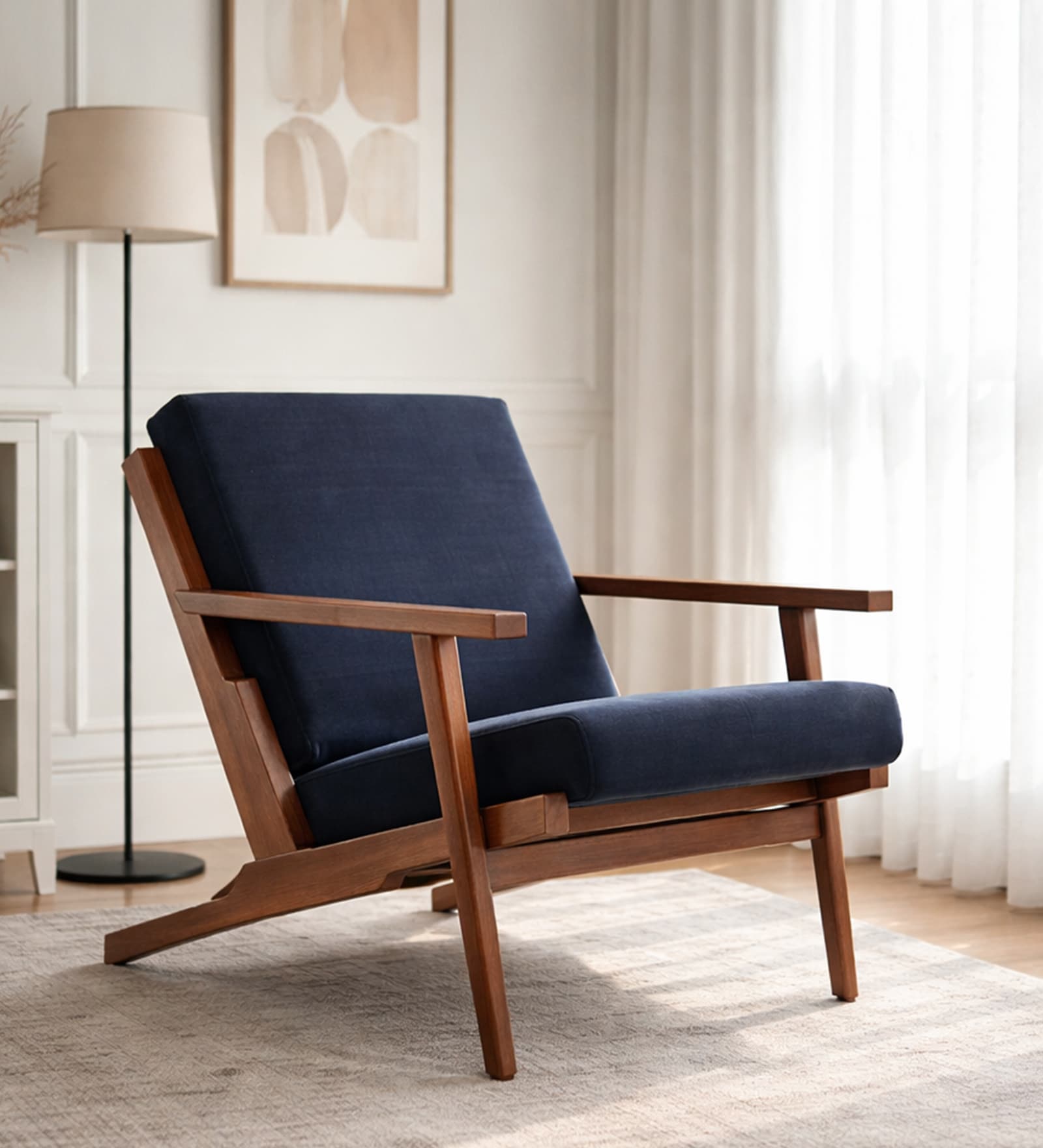 Wegner Fabric Armchair in Exotic Teak & Imperial Navy Colour