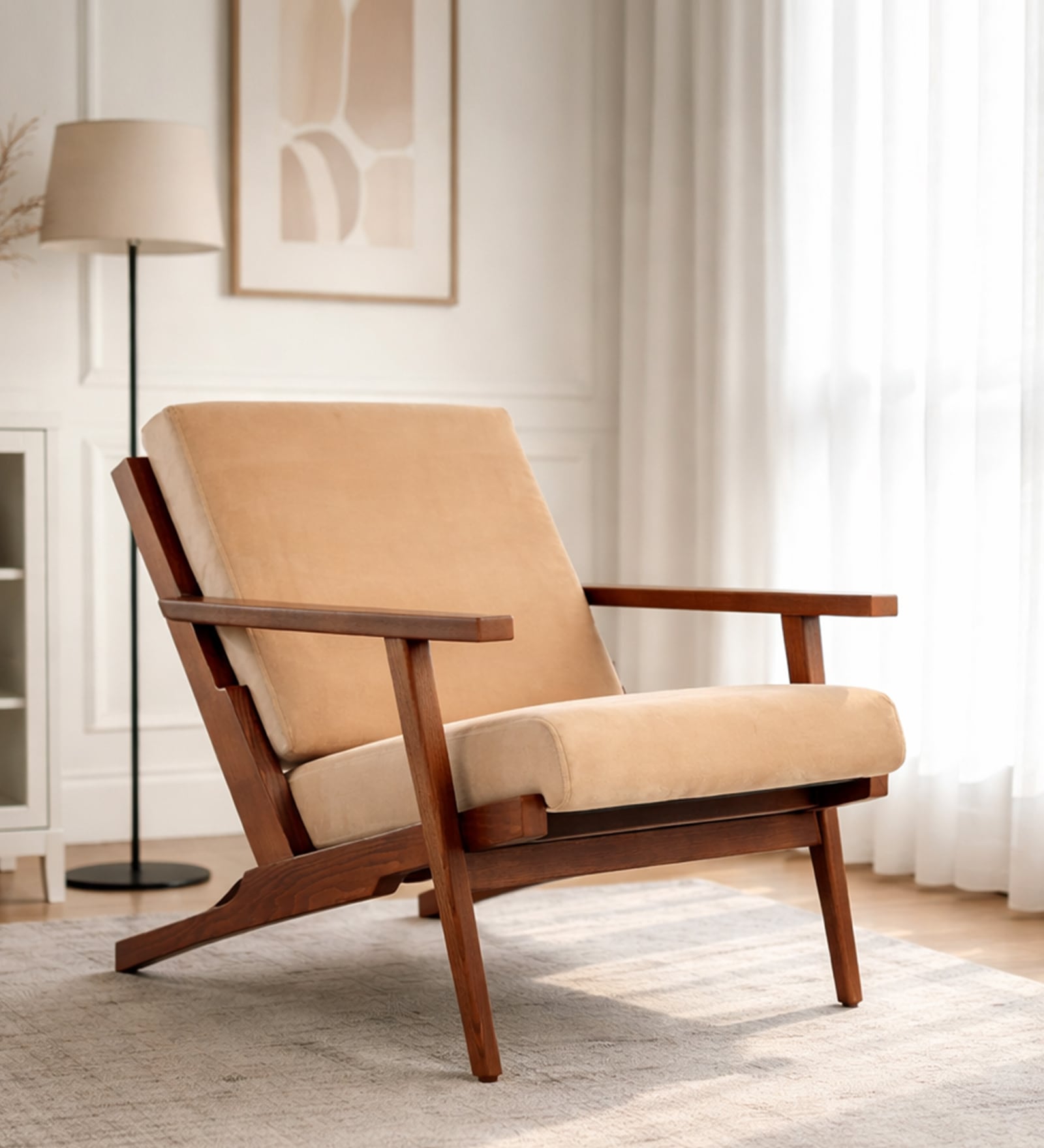 Wegner Fabric Armchair in Exotic Teak & Sunwashed Sand Colour