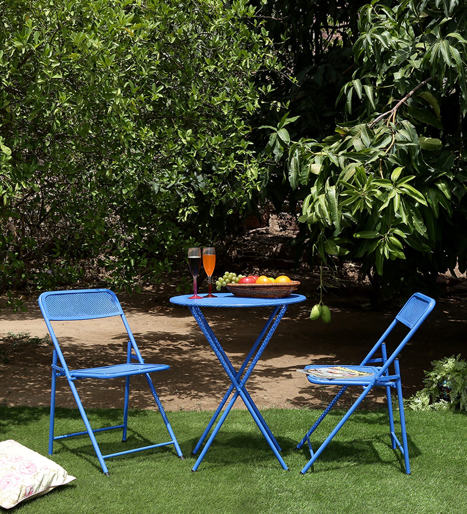 Aquilla Metal Outdoor Table Set with 2 Chairs in Blue Colour