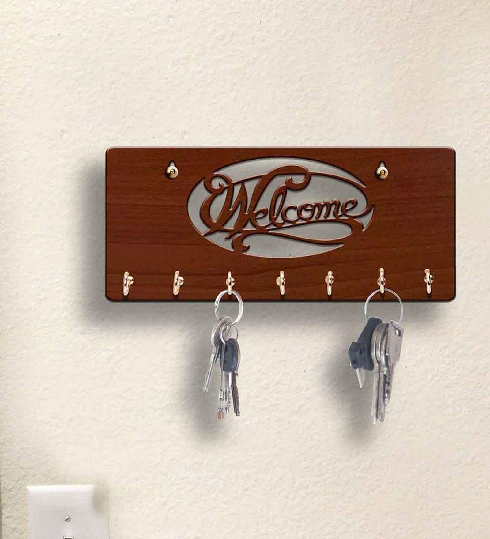 Welcome Brown Engineered Wood 7 Hooks Key Holder