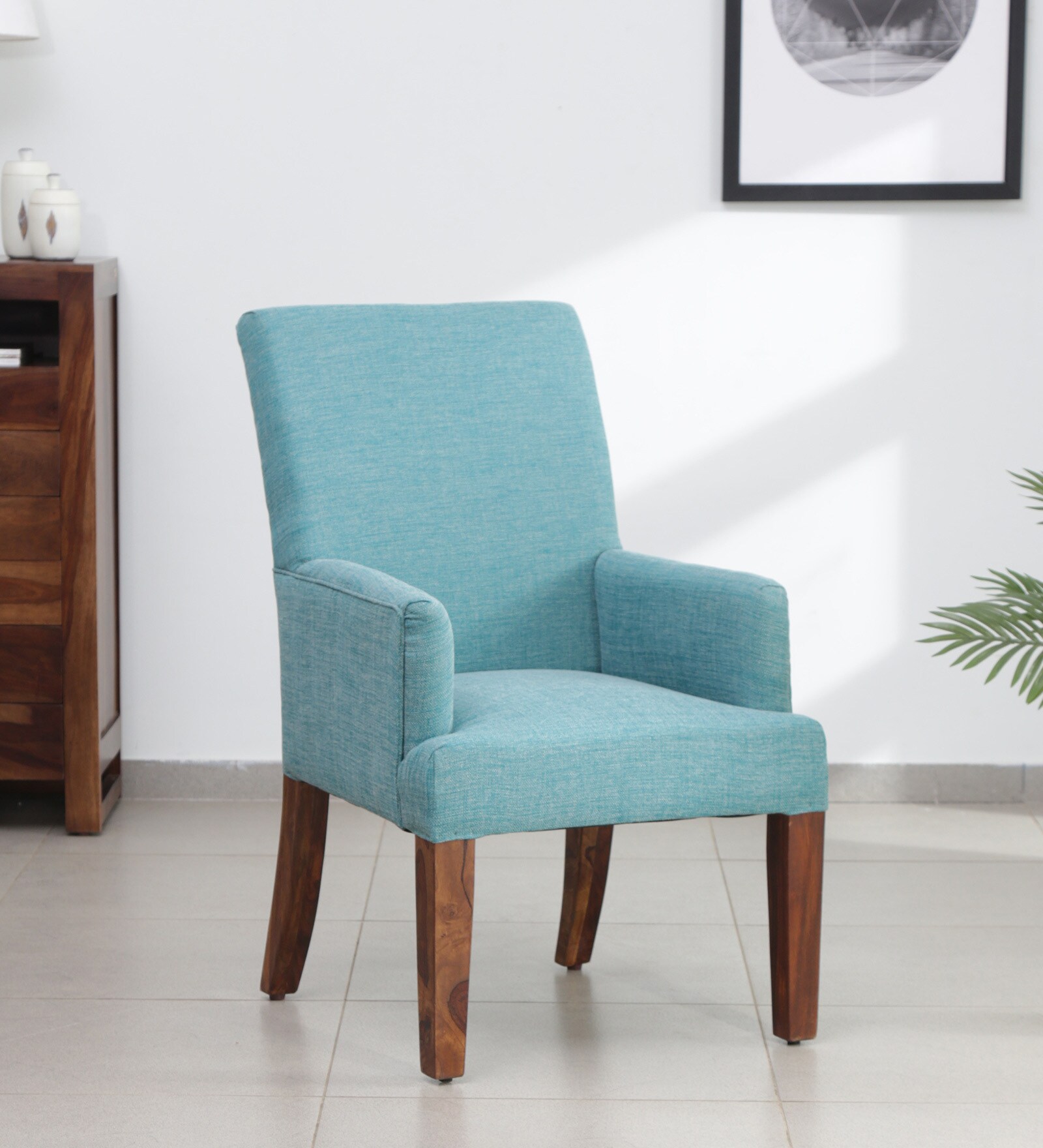 Welzow Fabric Arm Chair In Provincial Teak Finish