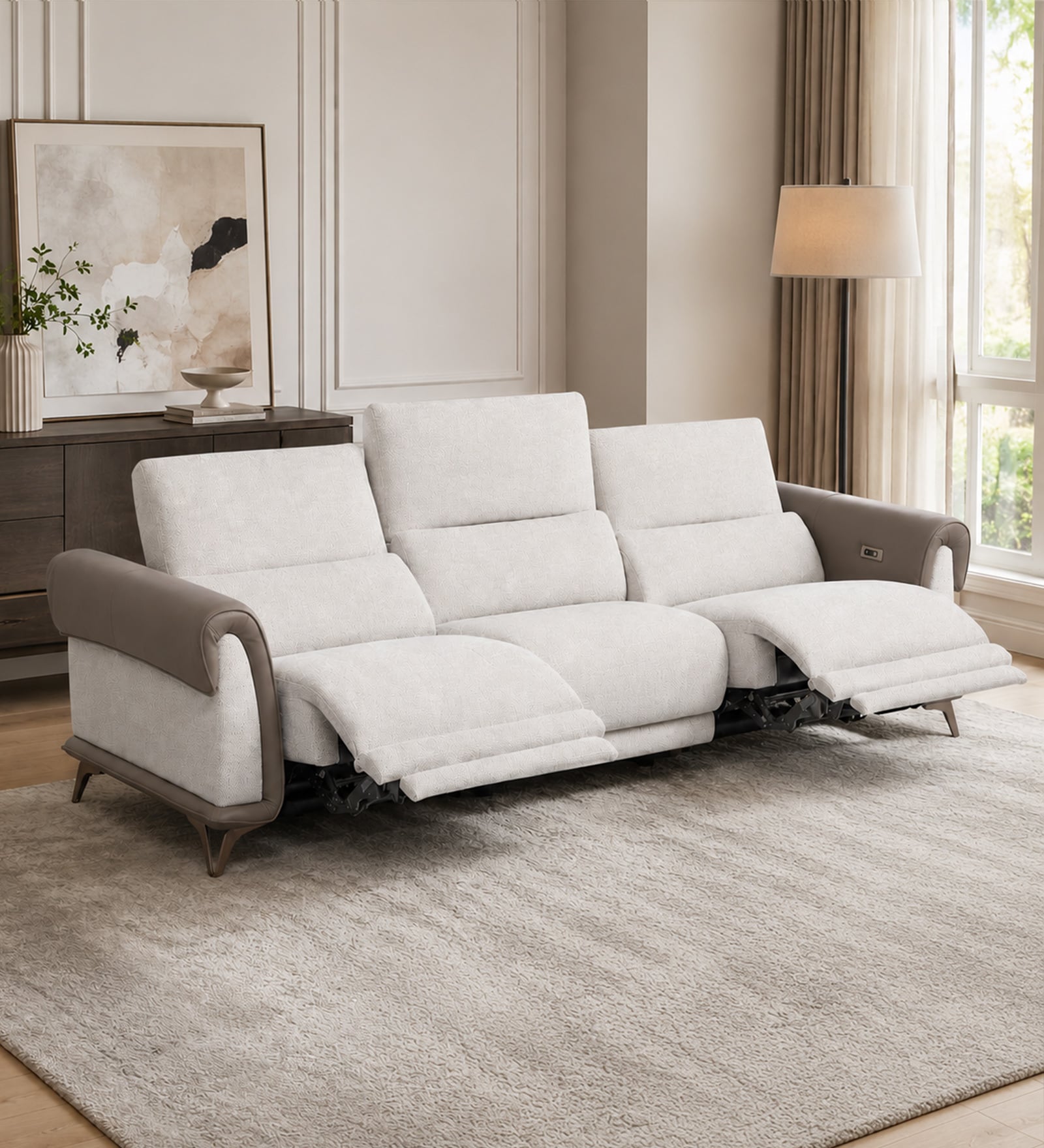 Drift Fabric 3 Seater Motorized Recliner Sofa in Beige Colour Drift Fabric 3 Seater Motorized Recliner Sofa in Beige Colour