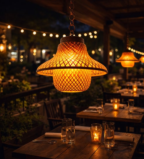 Handcrafted Bamboo Pendant Lamp   Amber Glass Shade